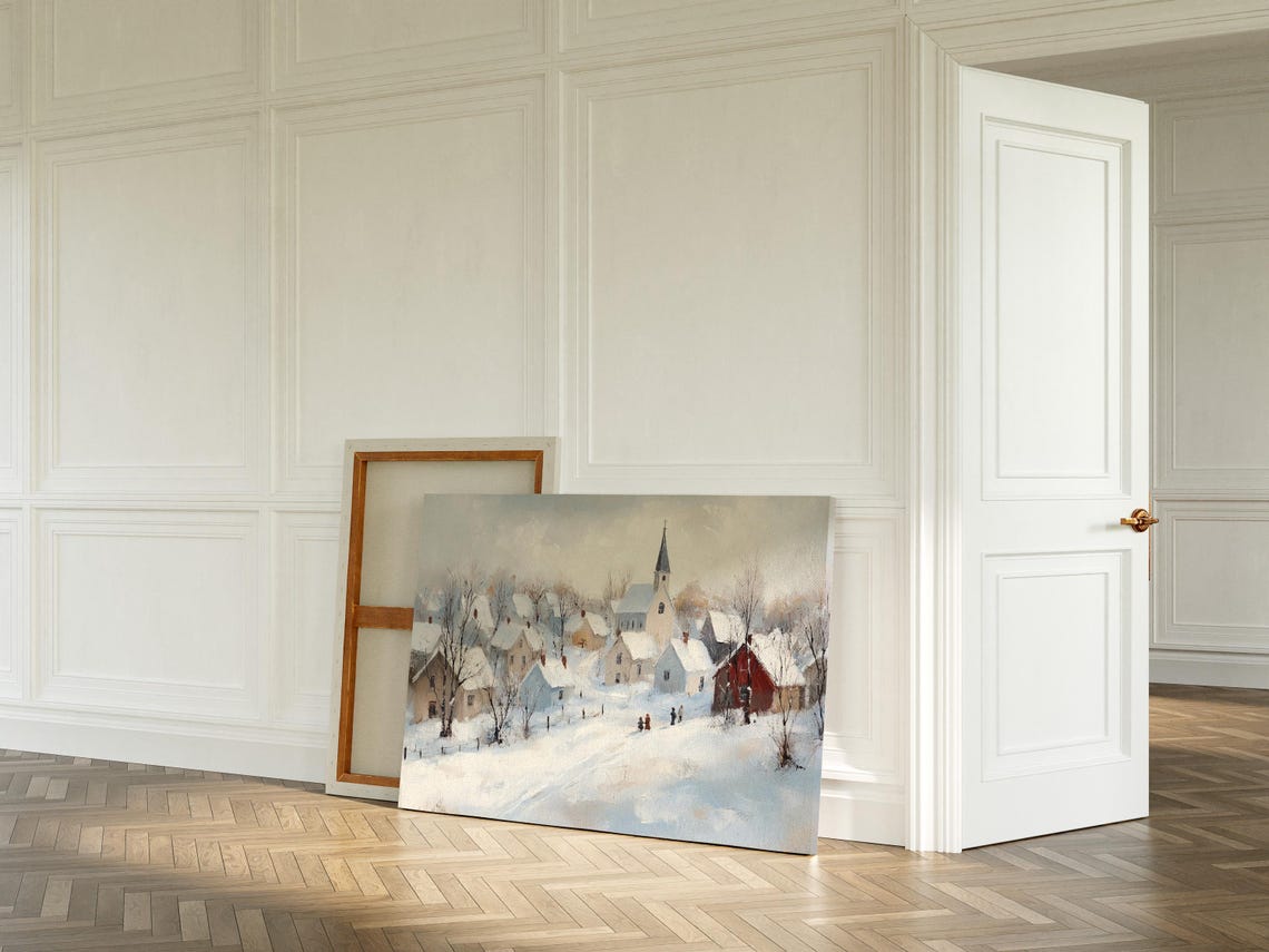 Snowy Village Church Steeple Winter Landscape Rustic Wall Art - Image 5