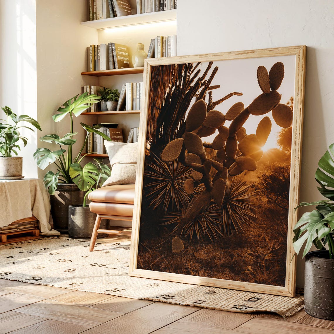 Prickly Pear Cactus Golden Sunset Silhouette Desert Landscape Poster