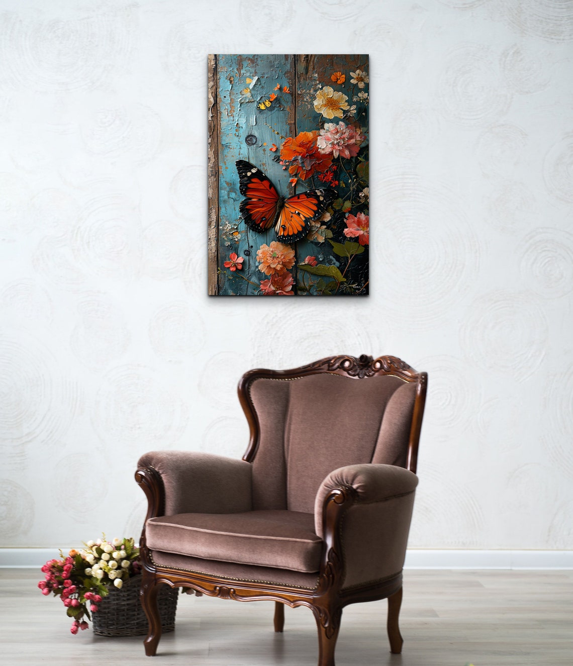 Monarch Butterfly Weathered Teal Wood Floral Garden Wall Art - Image 3