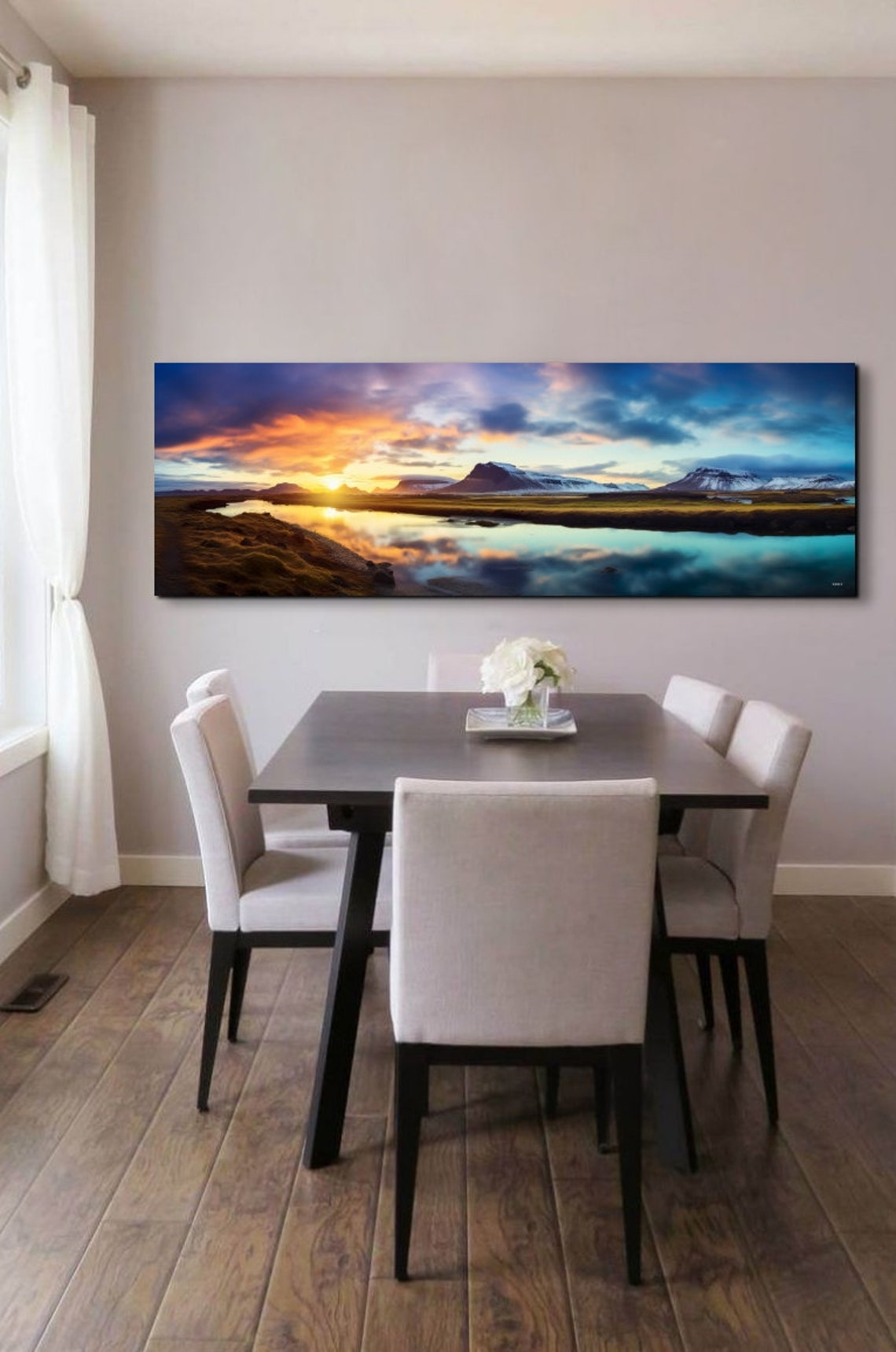 Sunset River Valley Beneath Mountain Peaks Panoramic Art Poster - Image 6
