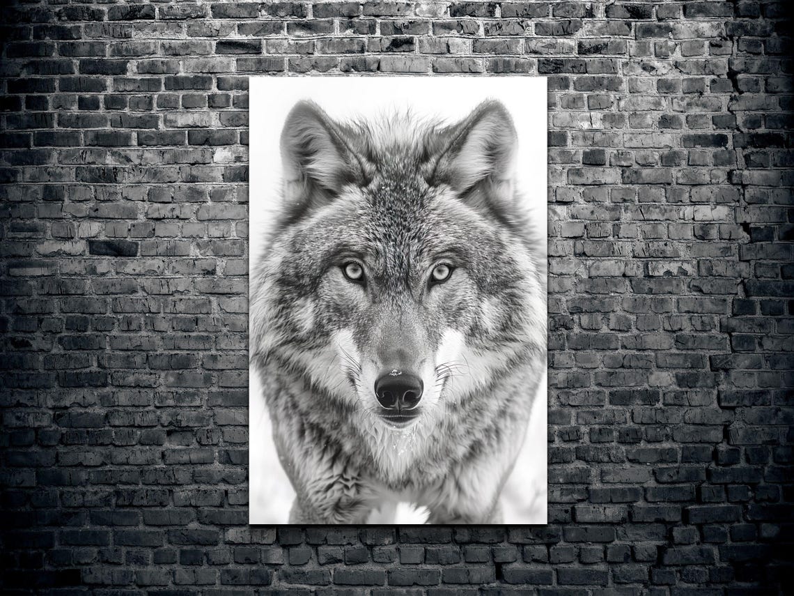 Majestic Wolf Staring Camera Black and White Nature Art Poster - Image 2