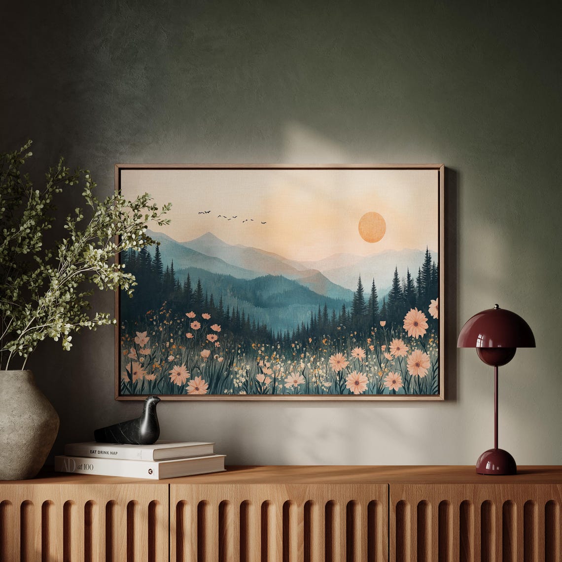 Soft Peach Mountain Sunrise With Pine Forest And Wildflowers Poster - Image 6