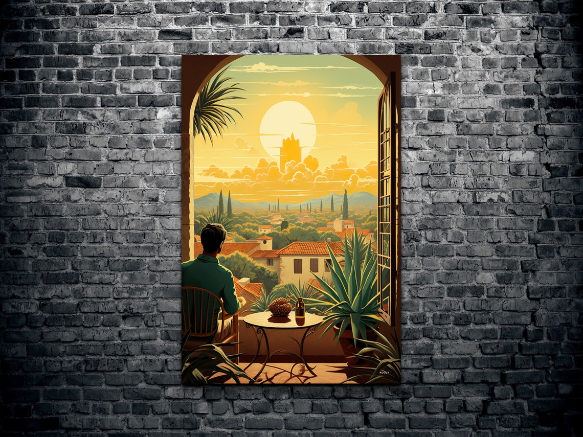 Sunlit Balcony Overlooking Mediterranean Old Town Scene Poster - Image 2