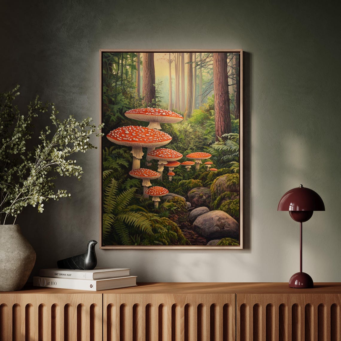 Red Fly Agaric Mushrooms In Sunlit Green Forest Floor Botanical Poster - Image 4