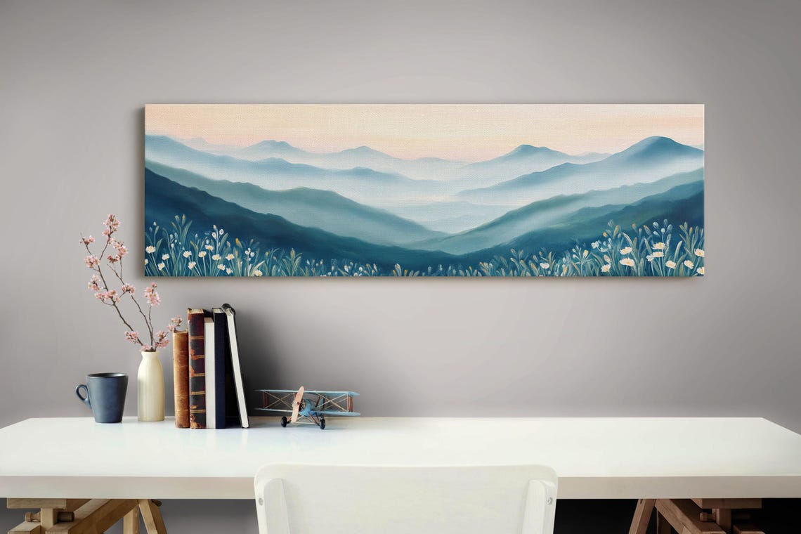 Layered Blue Mountains at Sunrise With Wildflowers Panorama Poster - Image 4