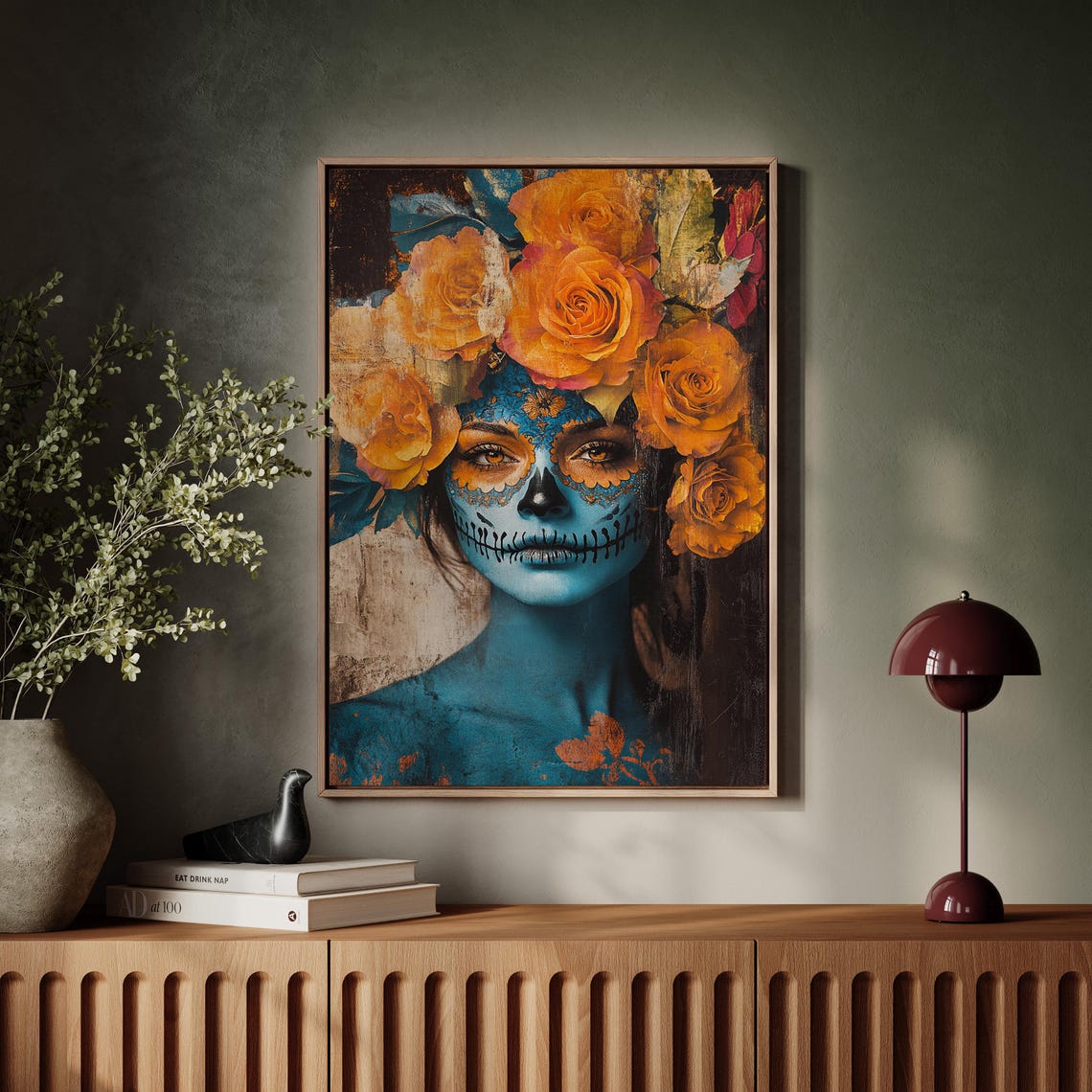 Blue Sugar Skull Orange Roses Dia De Los Muertos Mexican Art Poster - Image 7
