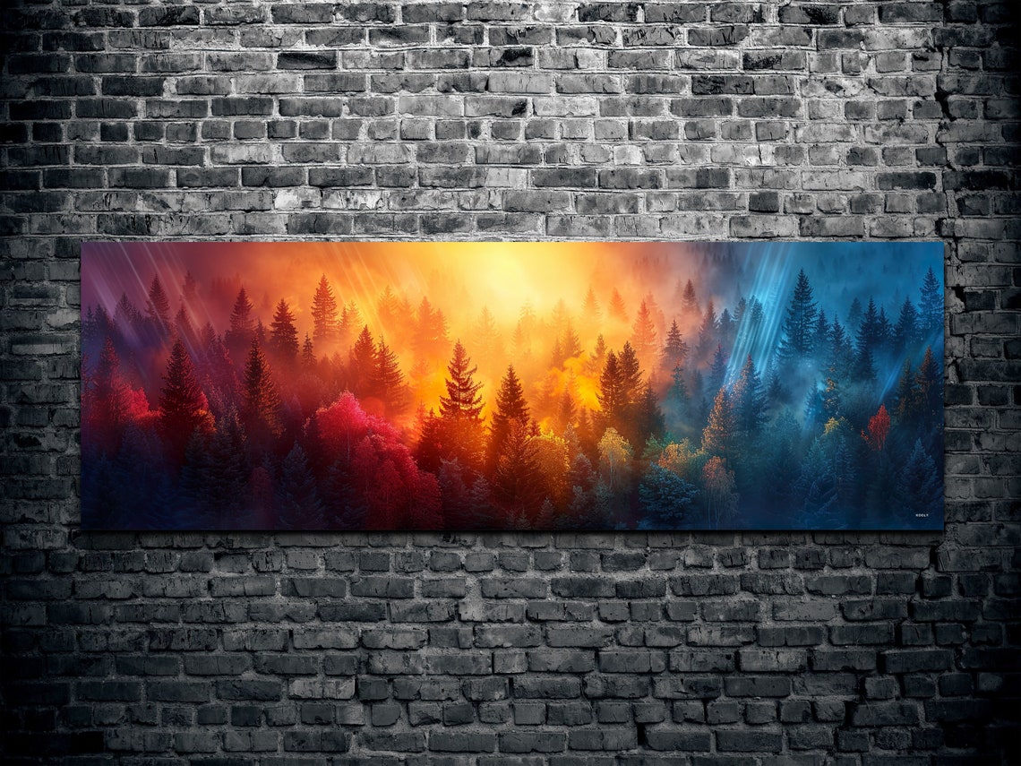 Vibrant Sunrise Through Misty Pine Forest Sunbeams Nature Art Poster - Image 2