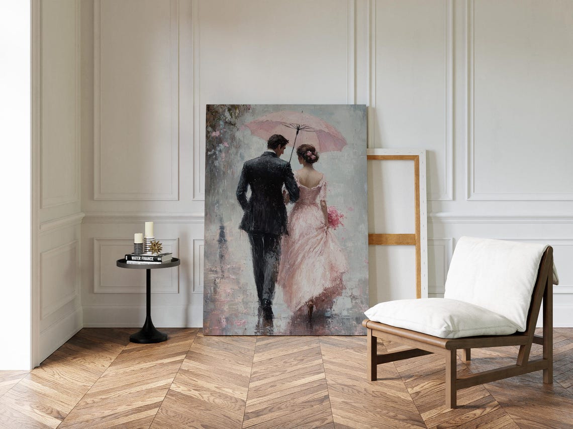 Romantic Stroll In Rain Couple Under Pink Umbrella Elegant Love Poster - Image 4