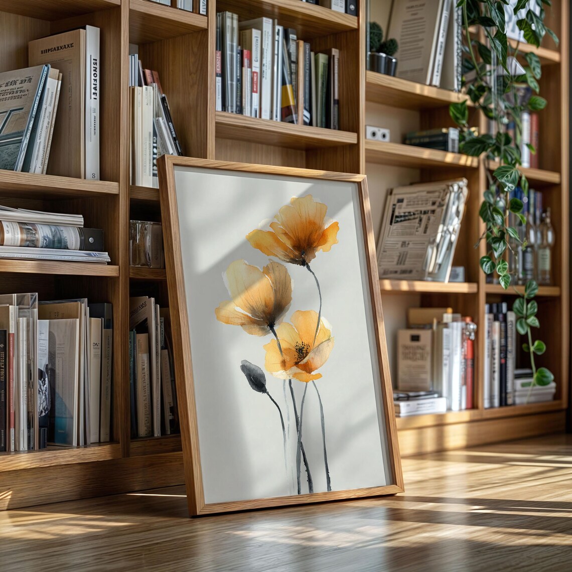 Golden Poppy Watercolor Yellow Floral Stem Minimalist Art Poster