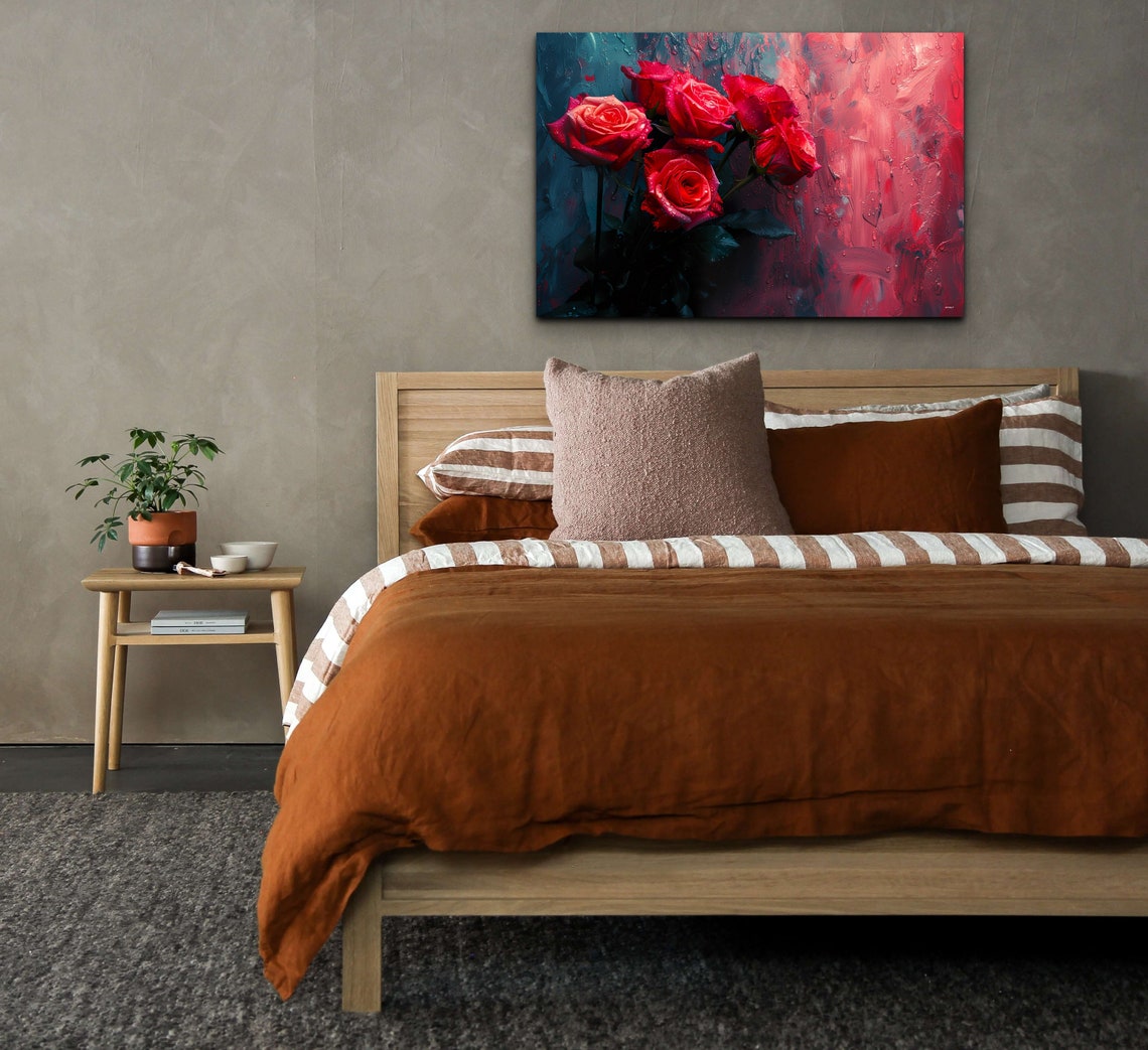 Red Roses Bouquet Against Teal And Crimson Painterly Floral Art Print - Image 5