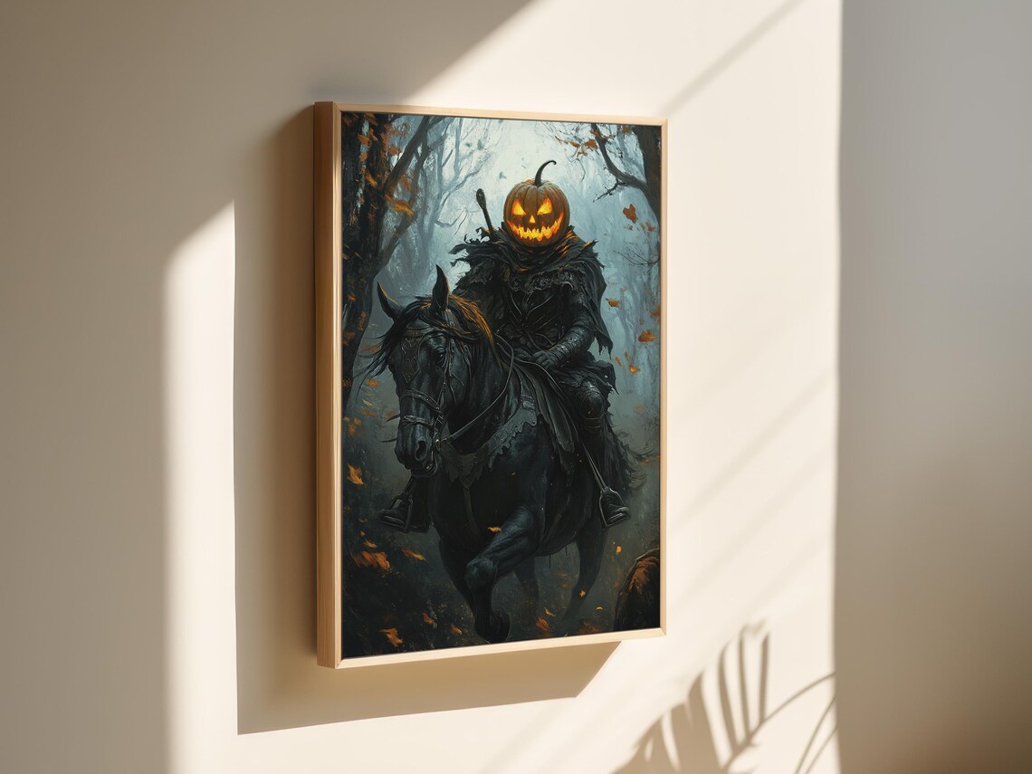 Headless Horseman with Glowing Jack O Lantern Riding Black Horse Art Poster - Image 3