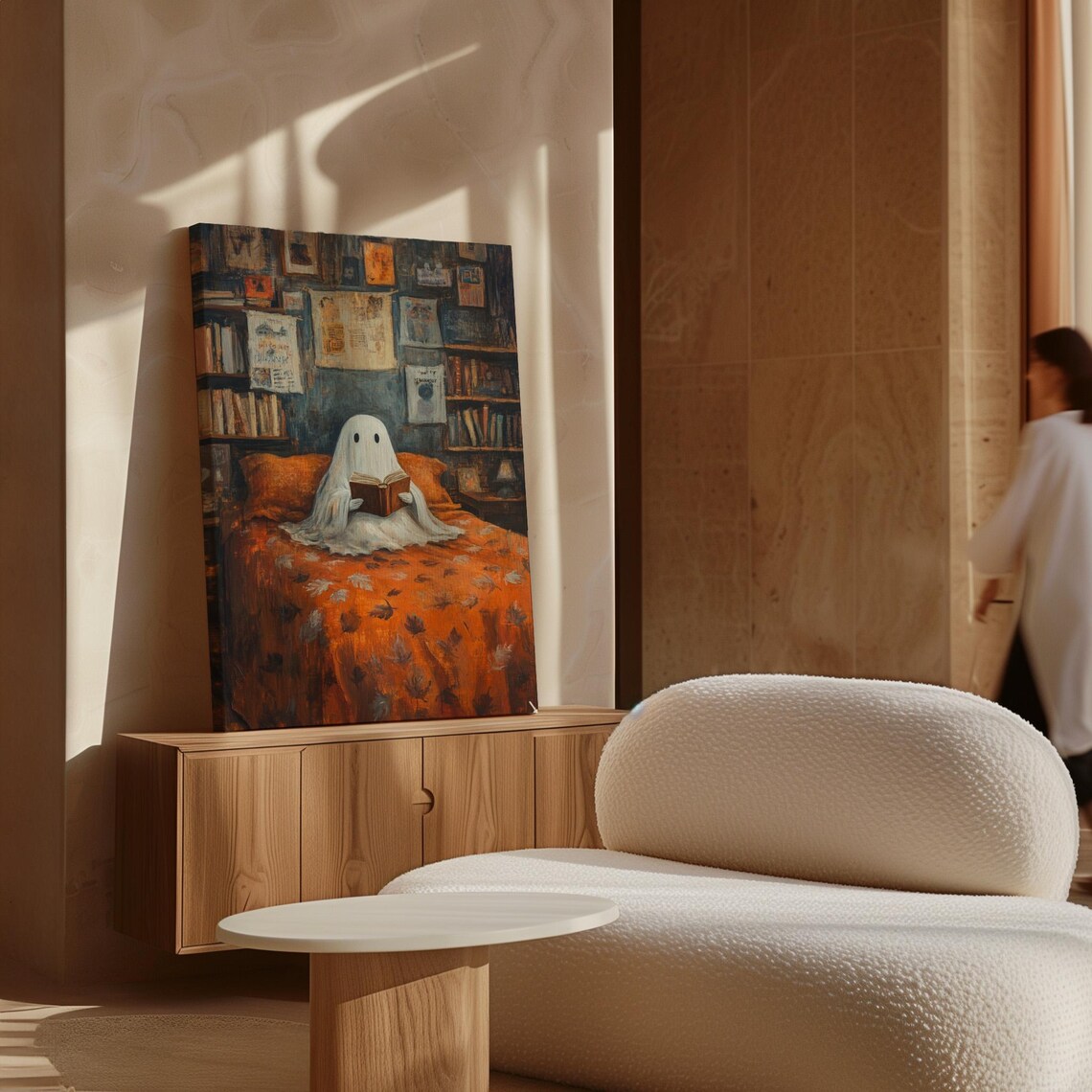 Whimsical Ghost Reading on Cozy Bed, Halloween - Image 5