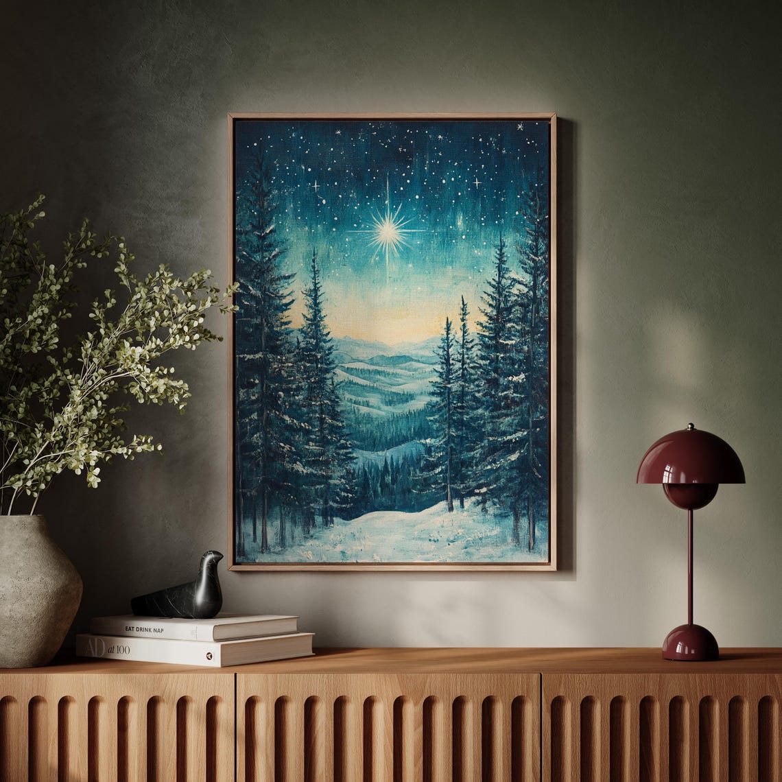 Christmas Star Over Snowy Pine Forest Night Winter Landscape Poster - Image 4
