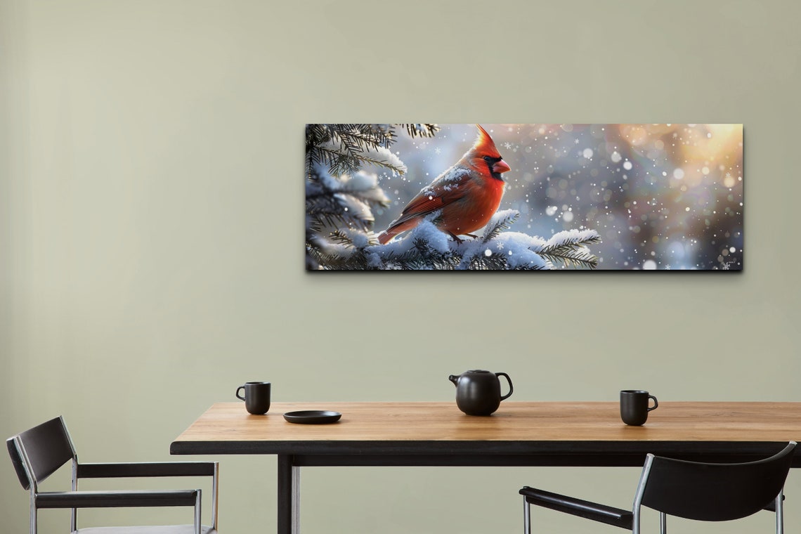 Red Cardinal Perched on a Snow Covered Pine Branch Panoramic Poster - Image 4