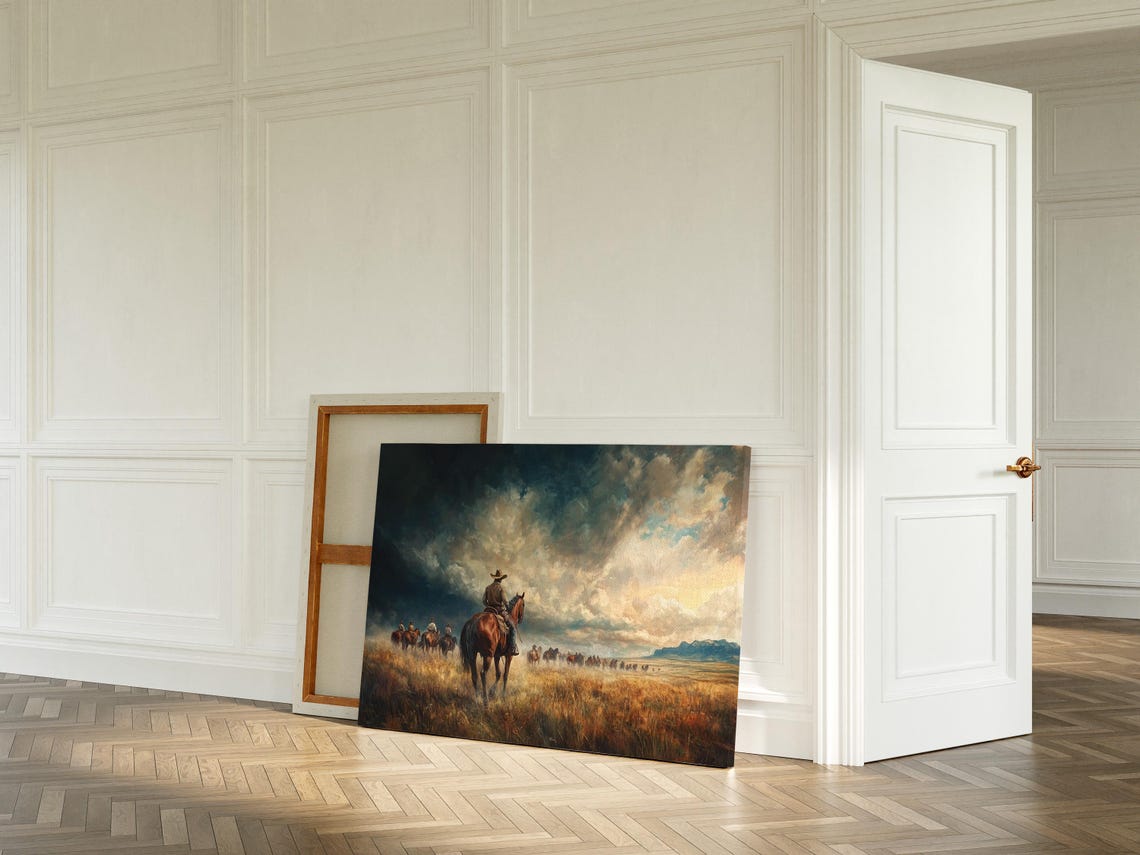 Cowboys Herding Cattle Across Windswept Prairie Western Poster - Image 4