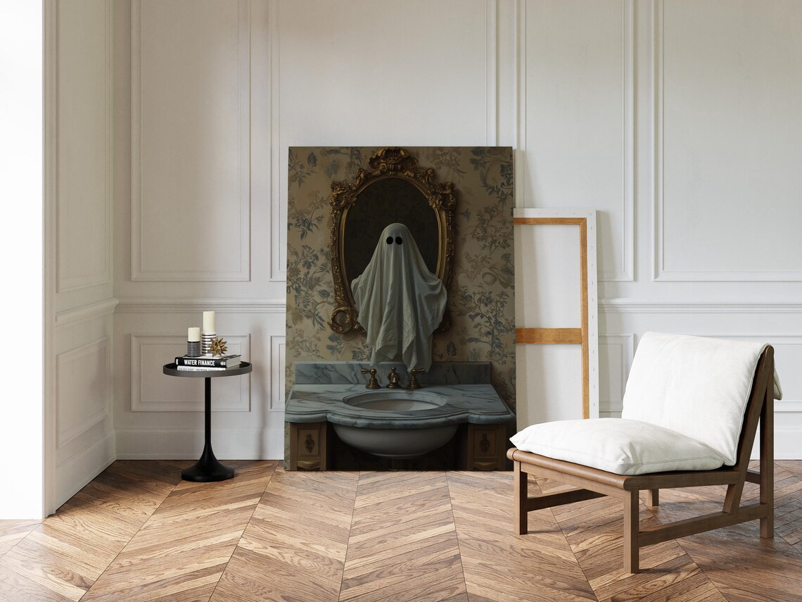 Sheet Ghost Emerging from Ornate Gold Mirror Above Marble Sink Art Poster - Image 2