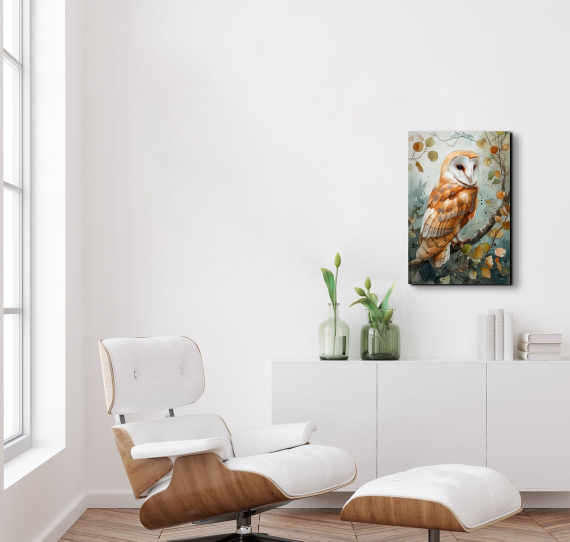 Barn Owl Perched Branch Autumn Leaves Watercolor Bird Poster - Image 5