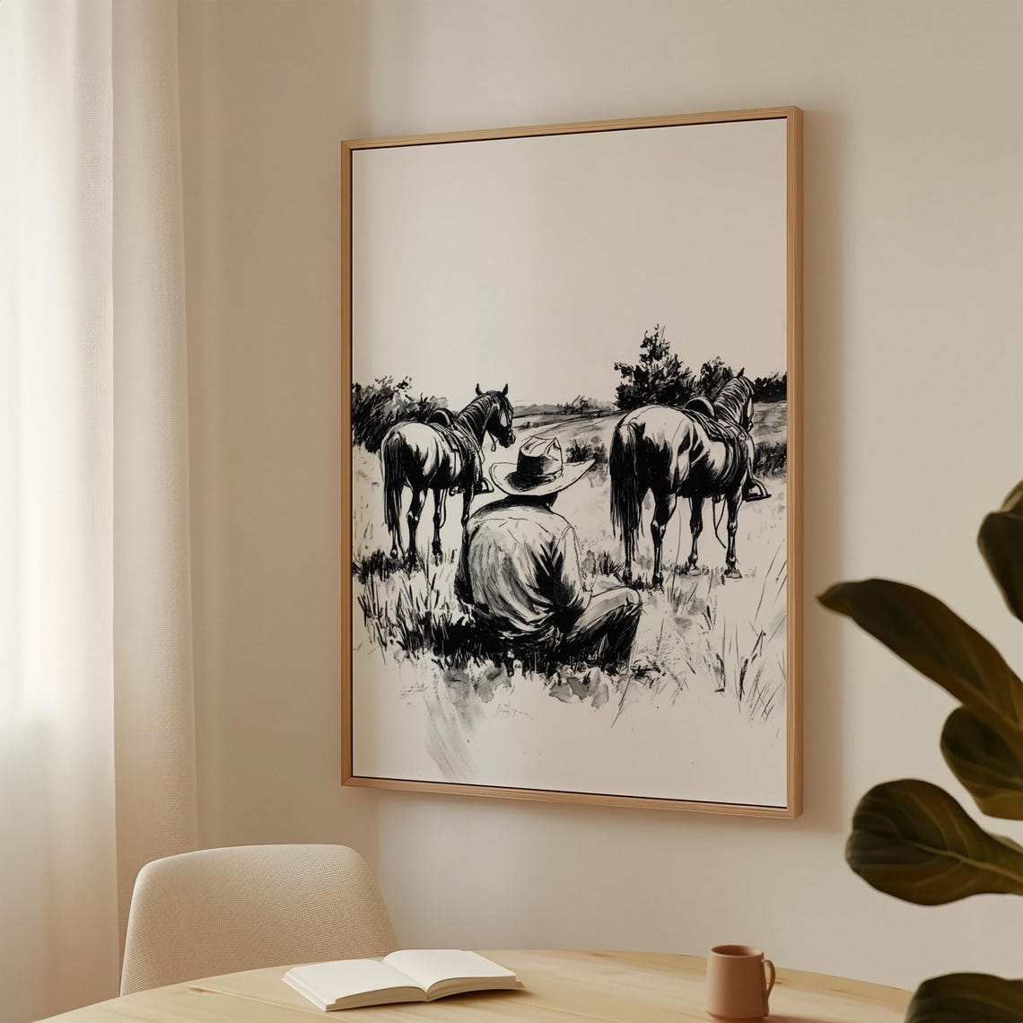 Cowboy Sitting with Two Horses Quiet Ranch Life Ink Sketch Poster - Image 5