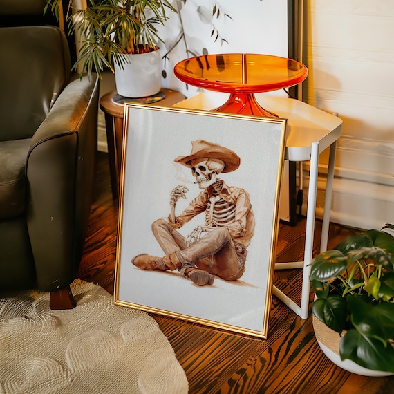 Cowboy Skeleton Smoking Watercolor Western Spooky Fun Poster