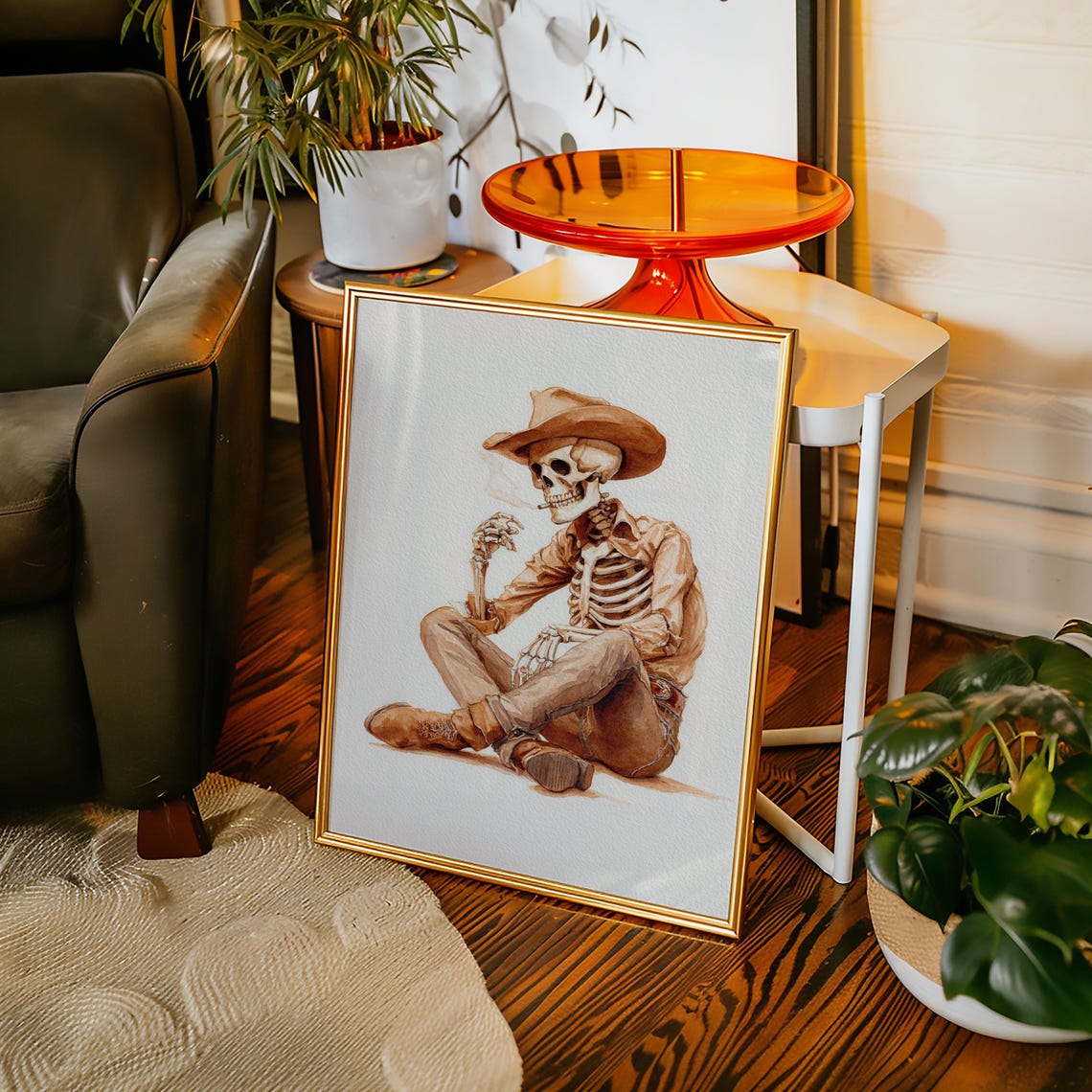 Cowboy Skeleton Smoking Watercolor Western Spooky Fun Poster