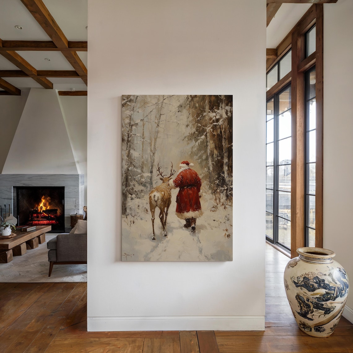 Vintage Christmas Santa Walking With Reindeer, Poster - Image 4