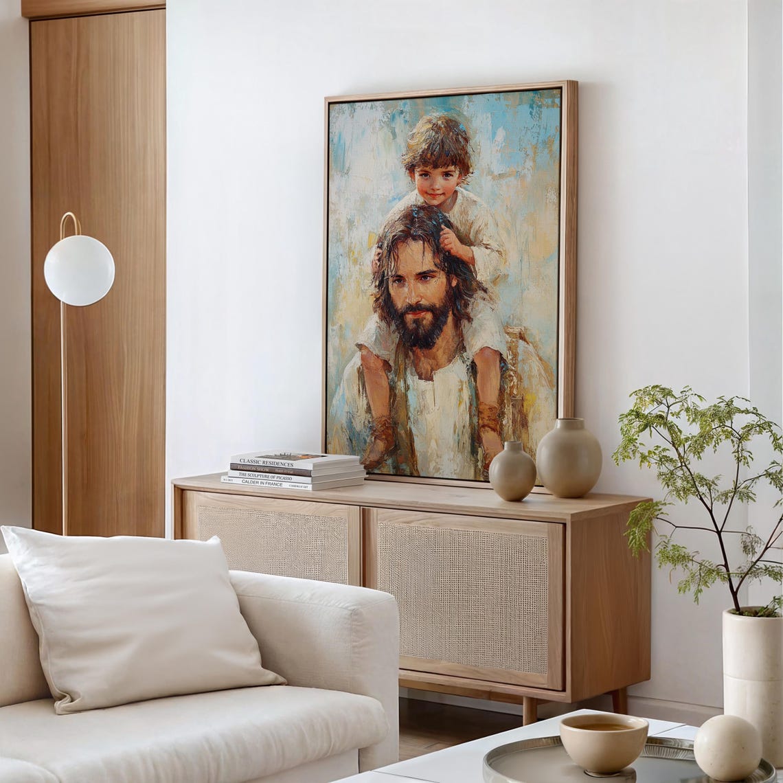 Joyful Child Riding on the Shoulders of Jesus in Soft Light Poster - Image 6