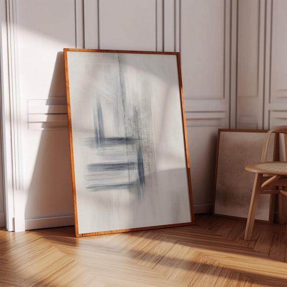 Soft Blue And Grey Minimalist Brushstroke Art Abstract Neutral Canvas Wall Decor For Modern Living Room Or Bedroom Interior Design