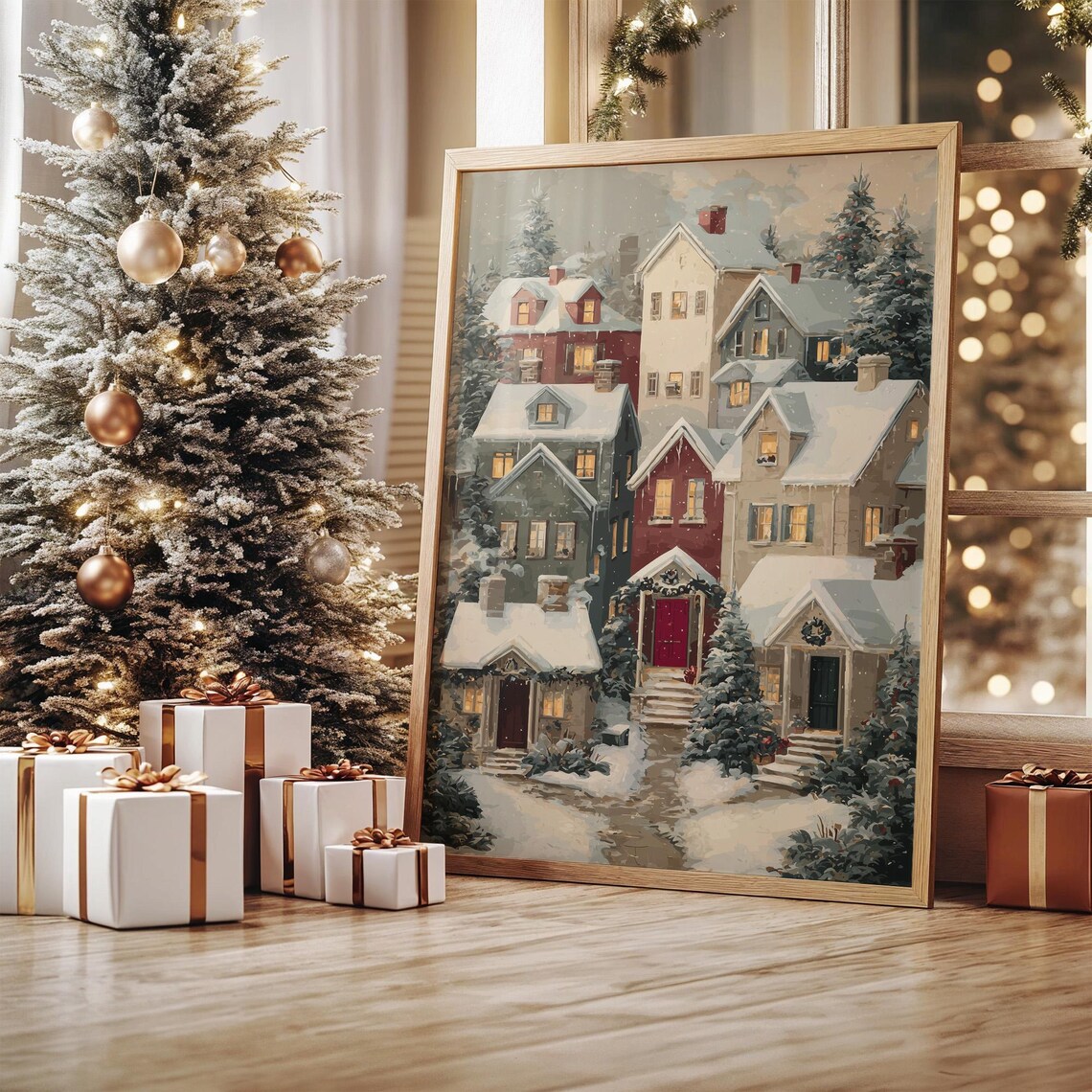 Cozy Snowy Christmas Village Painting Warm Winter Lights Poster