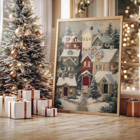 Cozy Snowy Christmas Village Painting Warm Winter Lights Poster