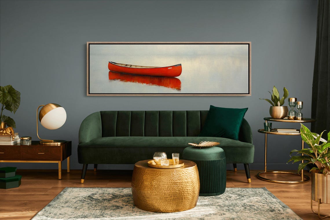 Red Canoe Misty Lake Serene Gray Blue Minimalist Water Poster - Image 6
