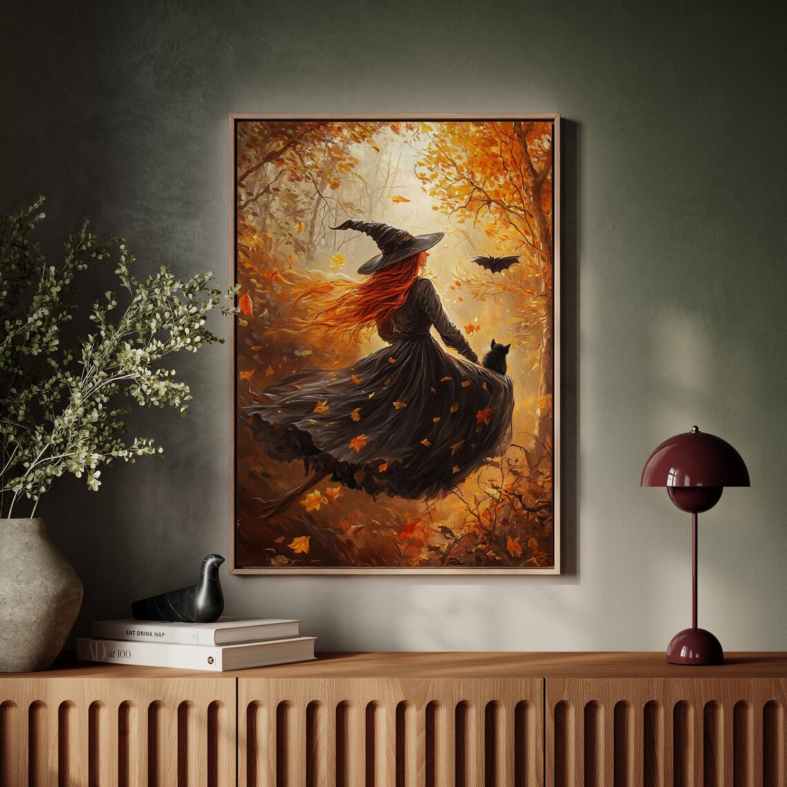 Autumn Witch Flying On Broom With Black Cat Golden Fall Forest Halloween Poster - Image 4