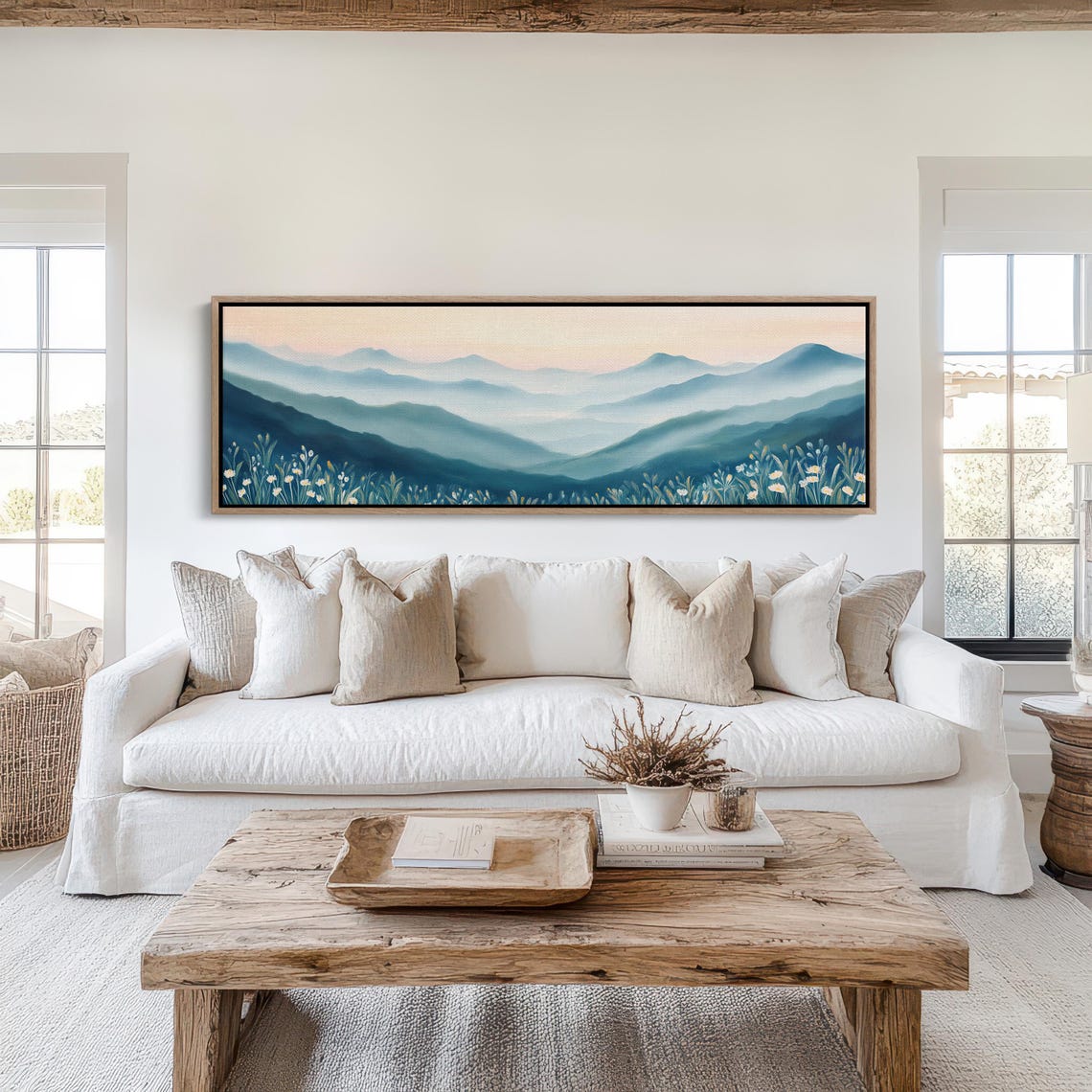 Layered Blue Mountains at Sunrise With Wildflowers Panorama Poster - Image 3