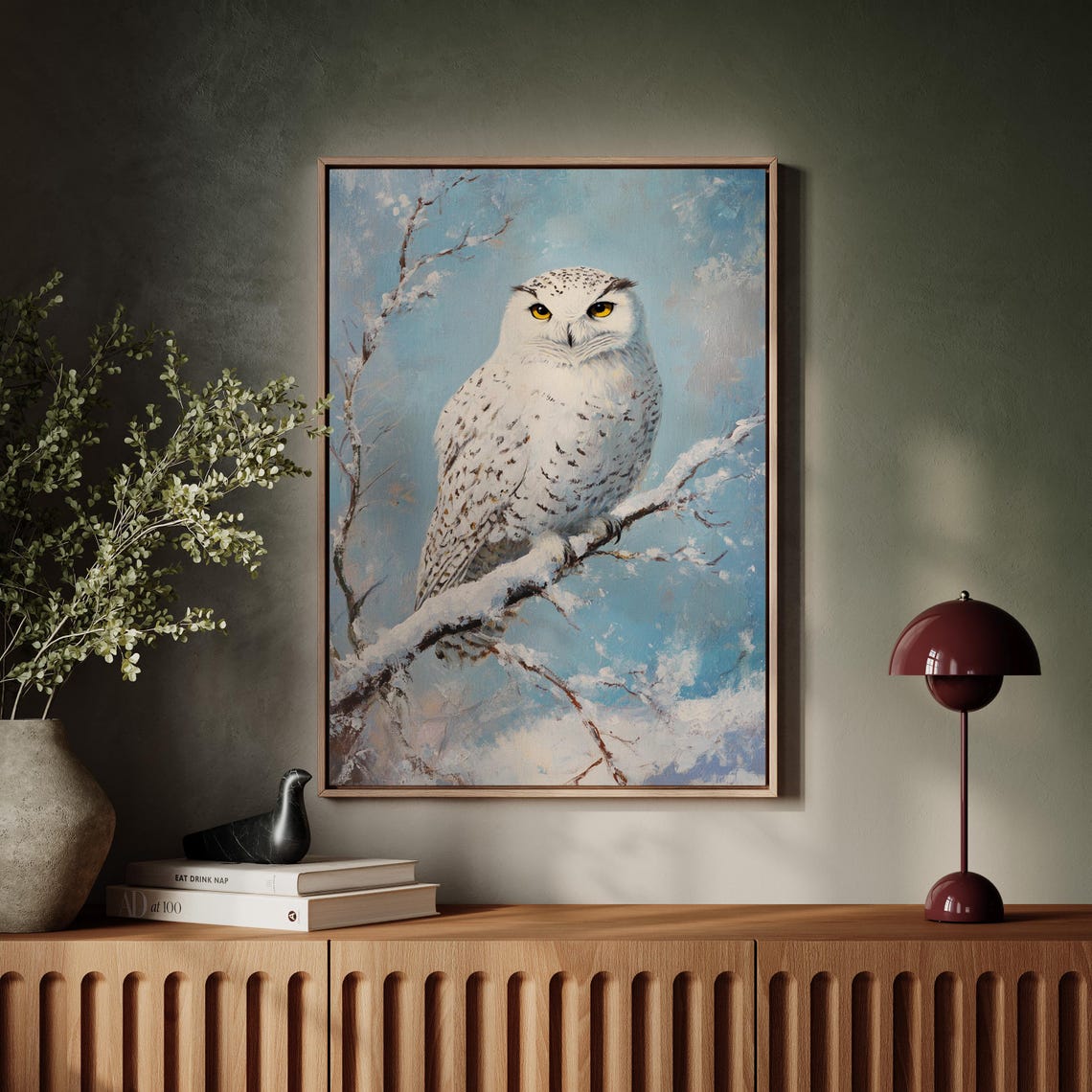 White Snowy Owl on Snowy Branch Against Pale Blue Sky Art Print - Image 5