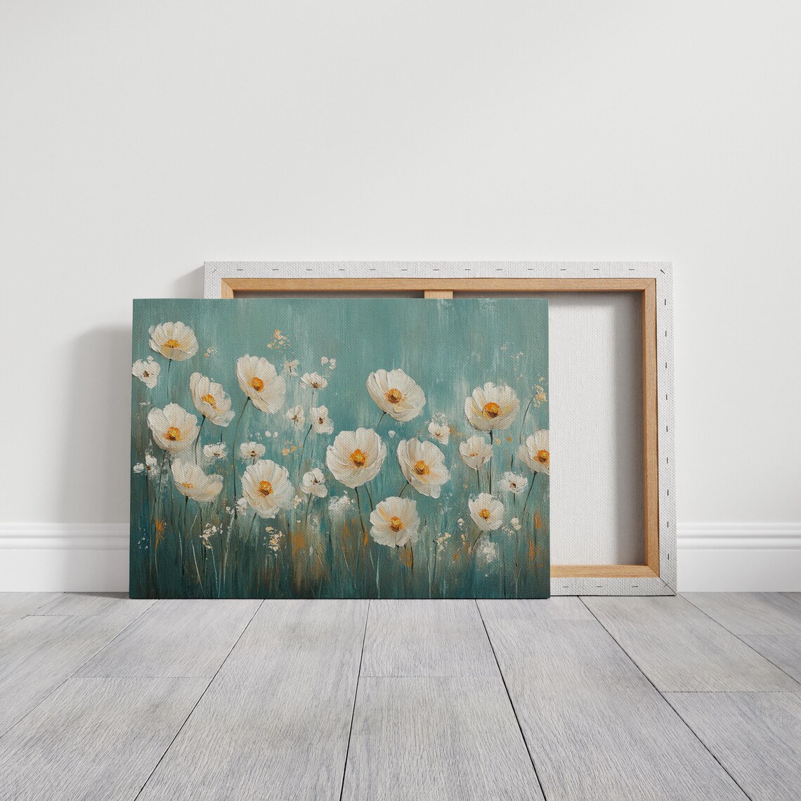 White Poppies Art Print, Turquoise Background - Image 3