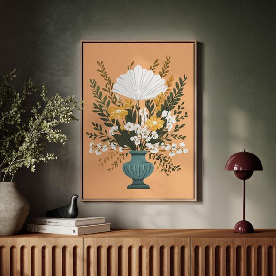 Modern Floral Vase Wall Art Bold Botanical Flower Print With Orange Background Mid Century Boho Canvas For Kitchen Or Living Room
