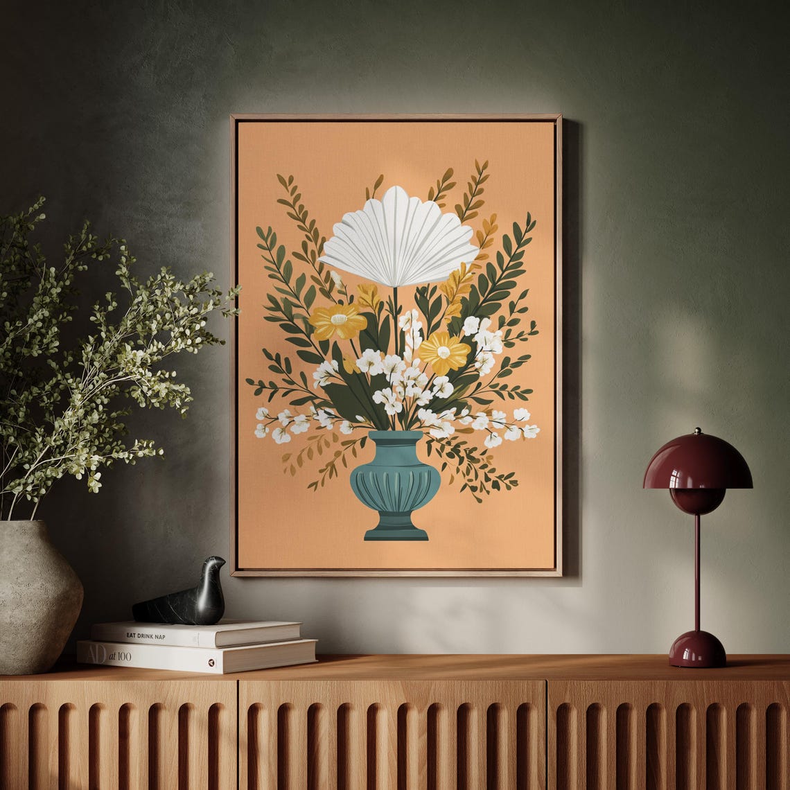 Bold Botanical Floral Arrangement In Teal Vase On Orange Poster