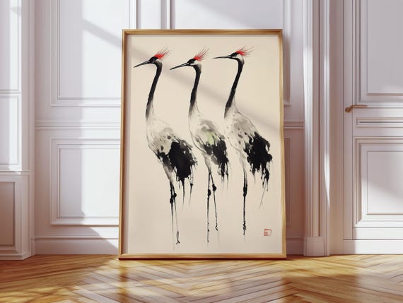 Red Crowned Cranes Wall Art Japanese Ink Bird Canvas Minimalist Asian Style Crane Painting For Peaceful Zen Inspired Home Decor