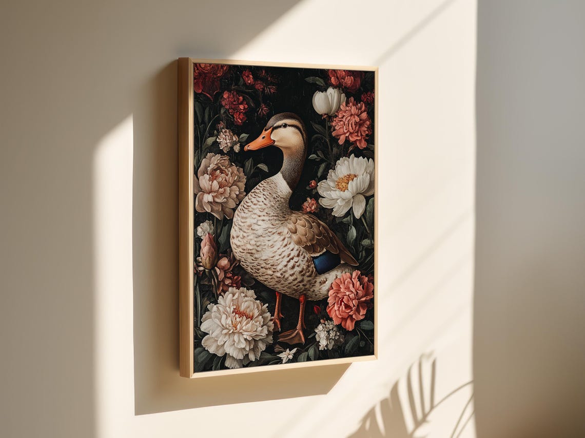 Standing Duck in Profile Among Blush Peonies Dark Floral Poster - Image 5