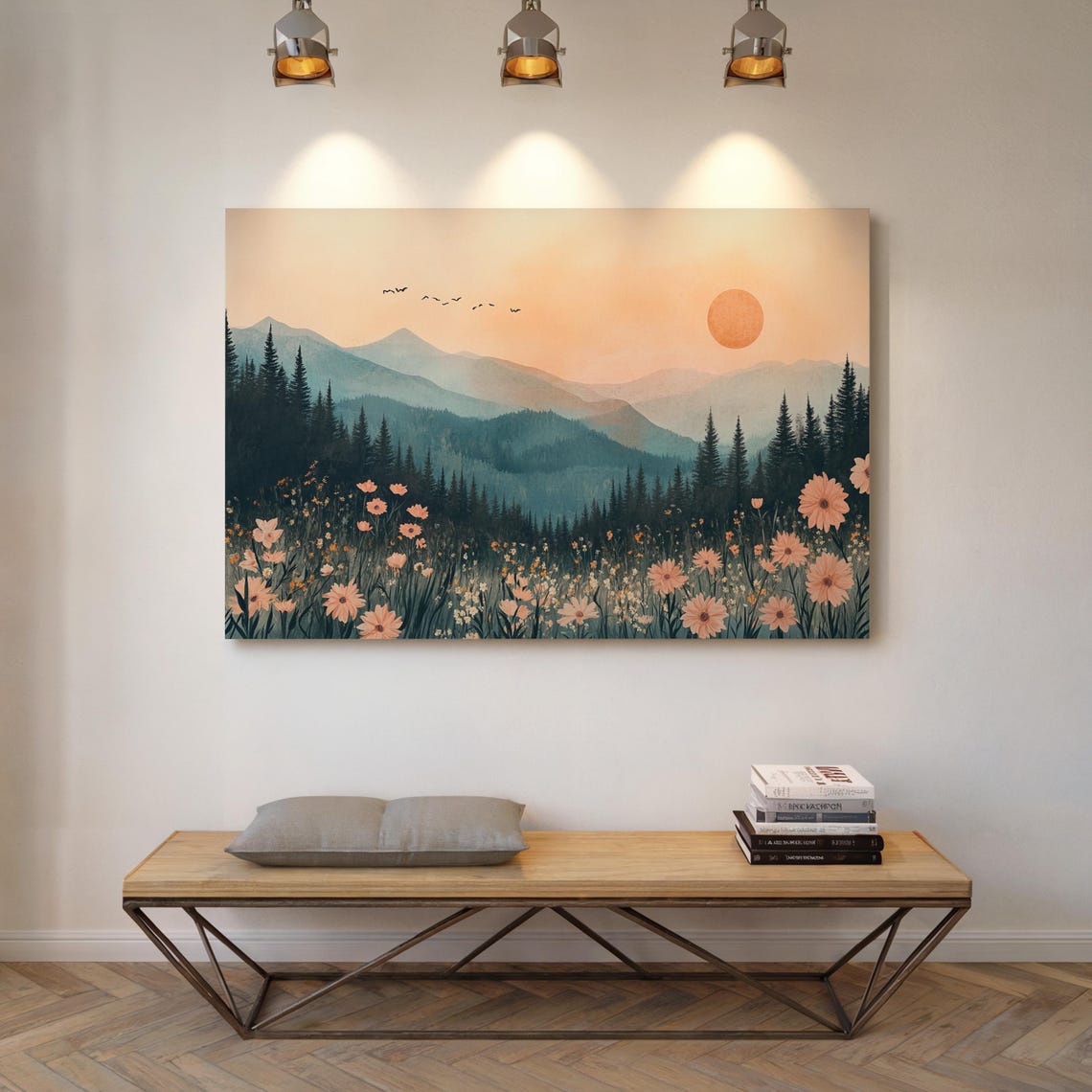 Soft Peach Mountain Sunrise With Pine Forest And Wildflowers Poster - Image 7