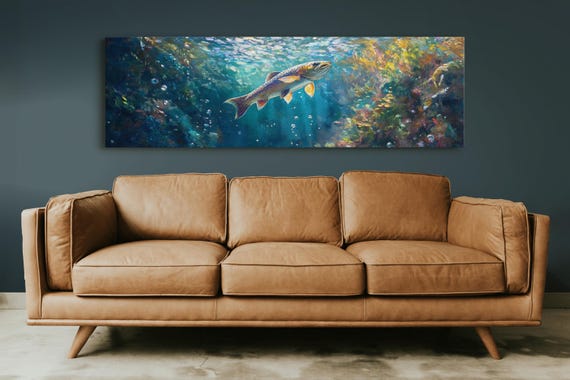 Rainbow Trout Wall Art Underwater Fishing Decor Rustic Cabin Artwork Fly Fishing Nature Wildlife Painting Lake House Poster