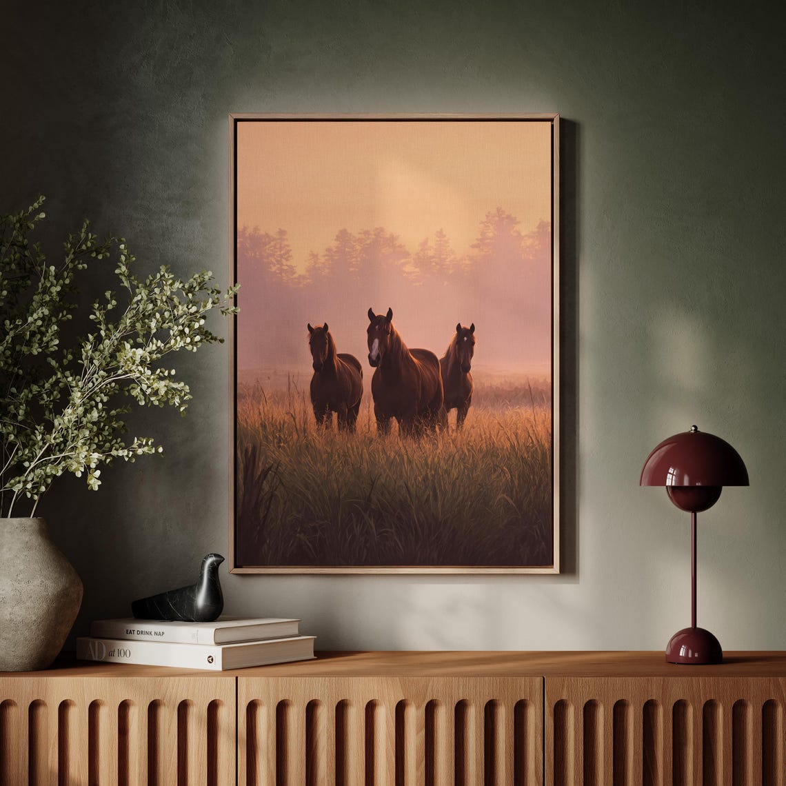 Three Horses Golden Sunrise Meadow Warm Field Horse Art Poster