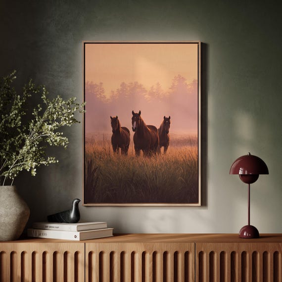 Three Horses In Golden Sunrise Meadow