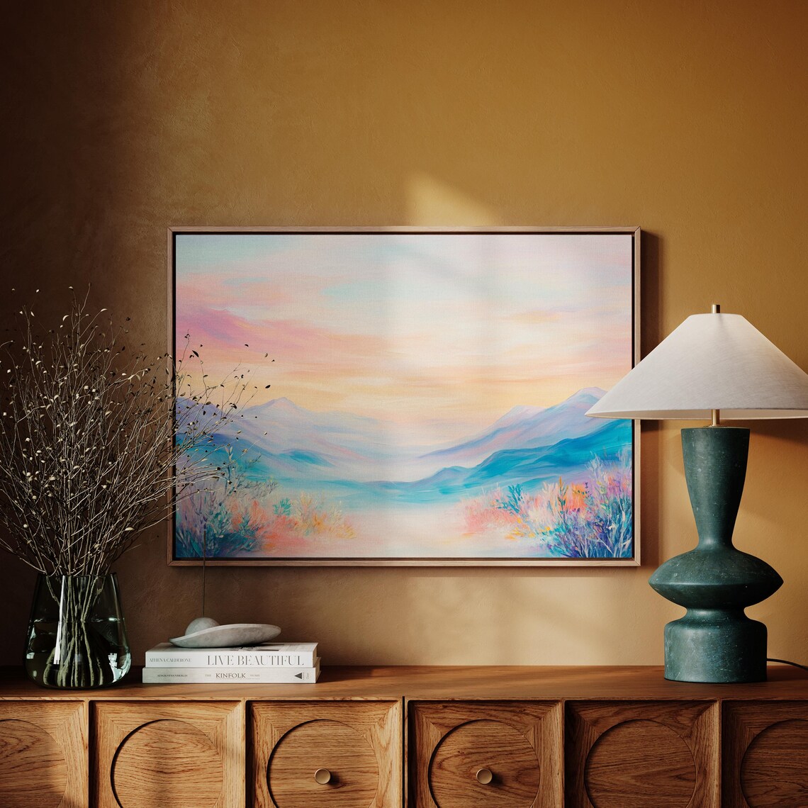 Serene Mountain Sunrise Pastel Landscape Art For Calm Decor Tranquil Nature Scene With Soft Colors