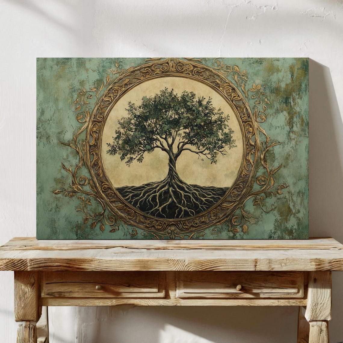 Tree Of Life In Ornate Golden Frame On Teal Textured Art Poster - Image 3