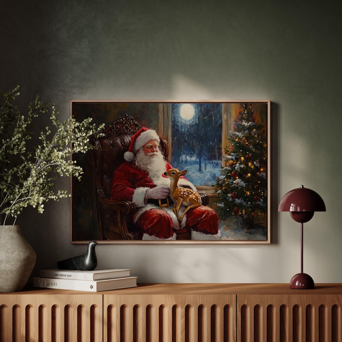 Santa Claus Holding A Baby Reindeer By A Moonlit Christmas Tree Poster - Image 4