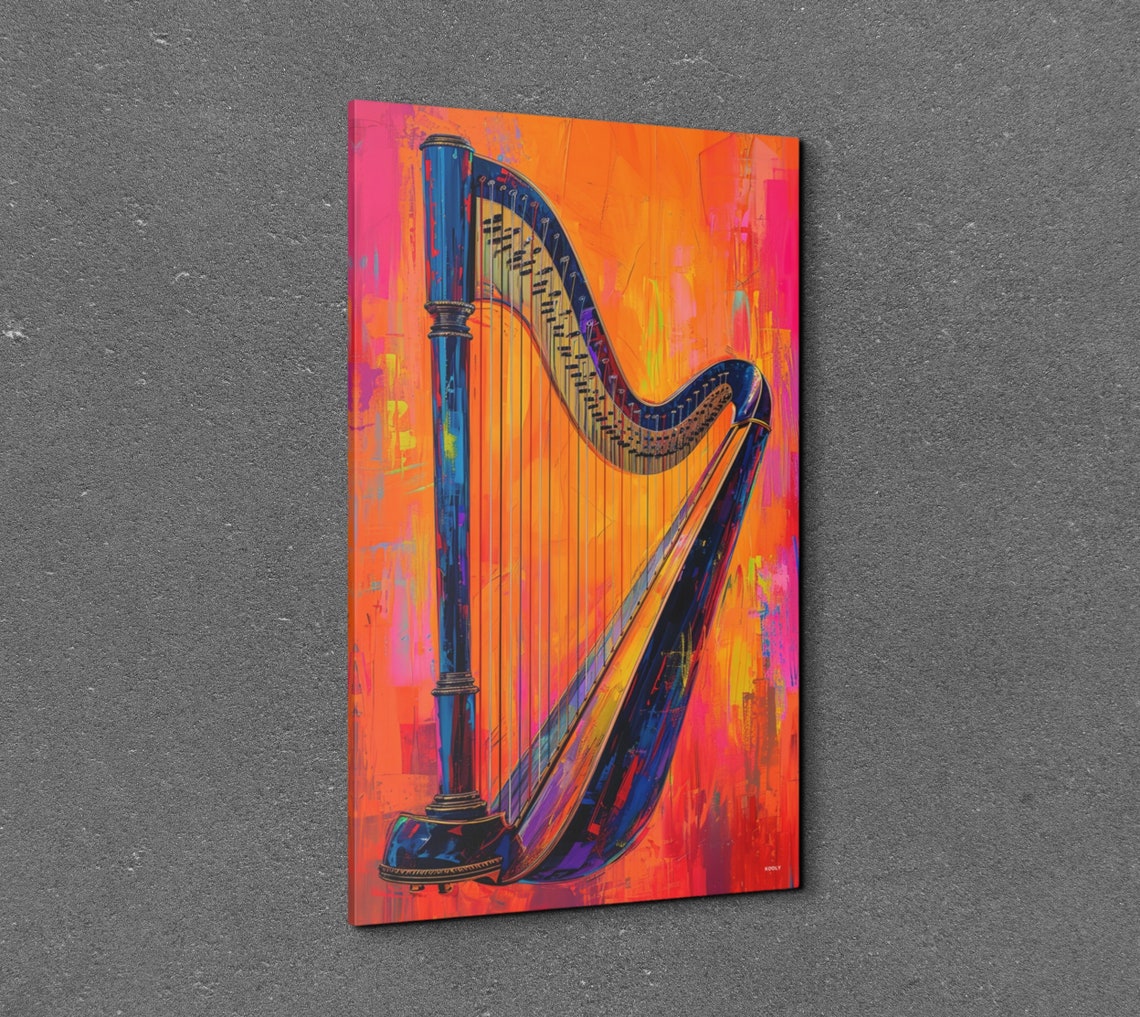 Pop Art Harp Blue Orange Modern Musical Instrument Decor Wall Art - Image 3