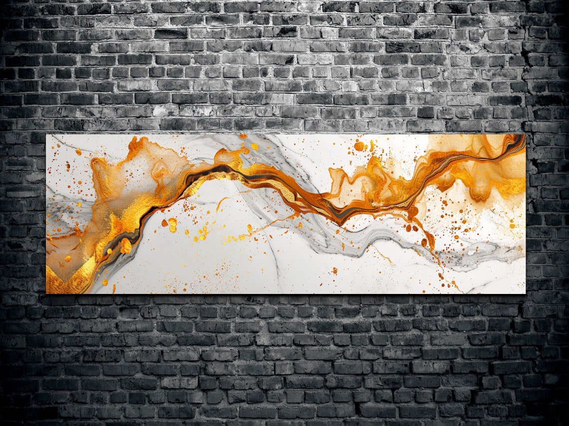 Abstract Gold and Gray Fluid Ink Swirls Panoramic Modern Poster - Image 2