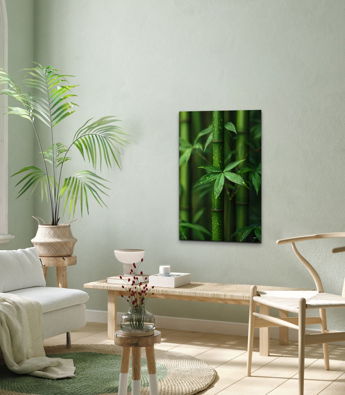 Green Bamboo Stalks Dew Drop Leaves Close Up Botanical Photo Wall Art - Image 6