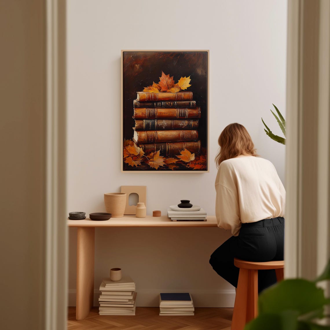 Stack of Antique Books With Autumn Maple Leaves Dark Still Life Poster - Image 3