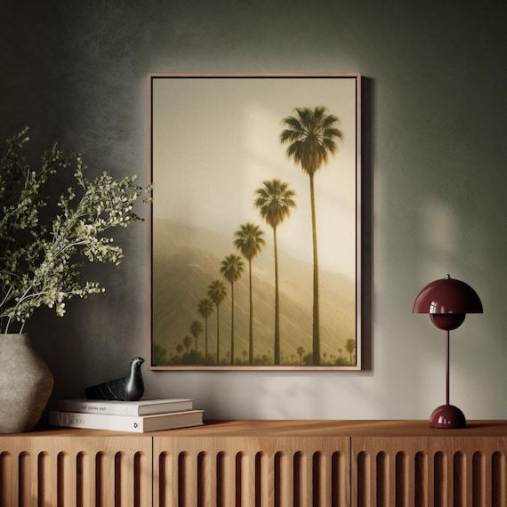 Desert Palm Trees At Sunset Minimalist Tropical Landscape Canvas Wall Art With Mountains And Golden Light